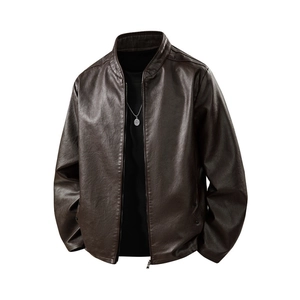 Men's Stand Collar PU Leather Jacket Casual Windproof Locomotive Biker Coat Solid Color Spring Autumn Outerwear Top
