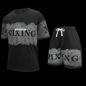Detail of drawstring waist and smoke pattern print on black summer sports set
