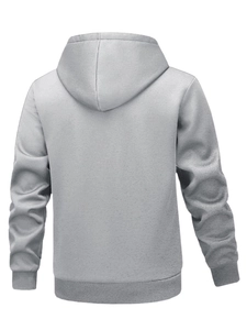 Back view of light grey hoodie featuring high-quality ribbed cuffs and a large hood
