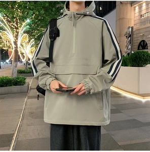 Close-up of light grey-green hooded jacket with contrast sleeve stripes and front pocket