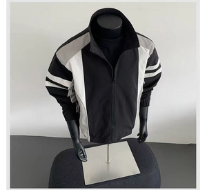 Detail of color-block jacket showing high-quality fabric texture and stand collar design