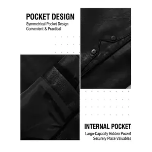 Black leather motorcycle jacket with symmetrical outer pockets and large inner hidden pockets