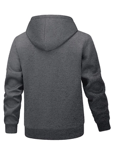 Back view of thick dark grey fleece hoodie with ribbed cuffs and hooded neckline