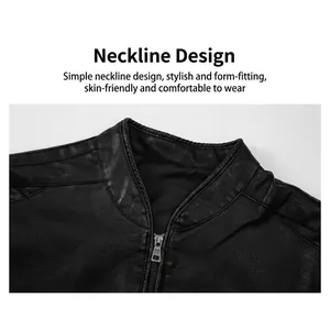Men's black stand collar leather jacket with premium metal zipper detail