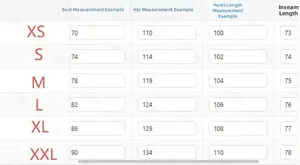 Size chart for winter fleece pants showing waist, hip, and length measurements in cm