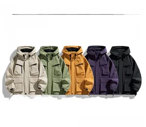 Flat lay of tactical hooded jackets in five colors featuring water-repellent fabric