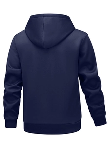 Rear view of navy blue hooded sweatshirt with ribbed cuffs and thick knit texture