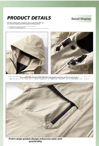 Detailed macro view of the adjustable hood drawstring and beige techwear jacket fabric