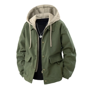 Men's army green hooded work jacket with double-layer design and four utility pockets