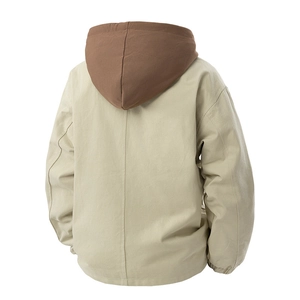 Men's hooded utility jacket in khaki and brown canvas with elastic cuffs back view