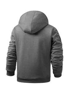 Vista posteriore di una giacca in pile grigio scuro con cappuccio e orlo a costine