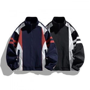 Men's Casual Color Block Jacket Retro Stand Collar Windproof Polyester Outerwear For Spring Autumn Outdoor Athletic Sport