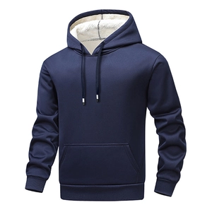 Men's dark blue hooded sweatshirt with thick white lamb wool lining for winter warmth