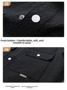 Detail of silver snap buttons and chest pocket on black waffle texture jacket