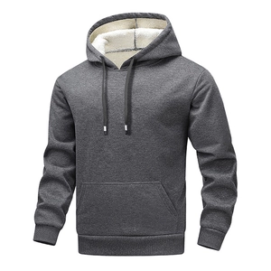 Men's dark grey hooded sweatshirt with warm white fleece lining and kangaroo pocket