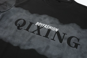 Close-up of ribbed crew neck and letter print on quick-dry color-block sports set