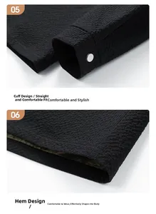 Detail of black waffle texture jacket featuring metallic button cuffs and neat stitching