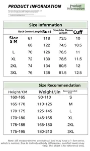 Size chart for outdoor hooded utility jacket with detailed measurements and recommendations