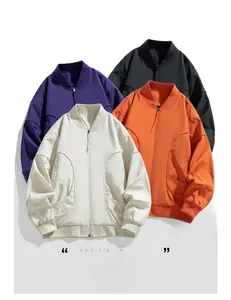 Detailed view of casual baseball jackets in purple, black, orange and cream beige colors
