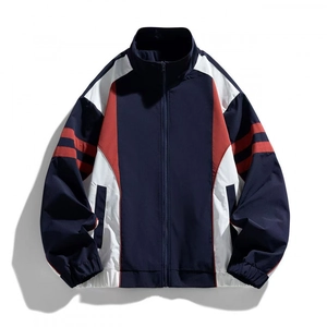 Men's relaxed fit stand collar windbreaker jacket with navy, white, and red color blocking