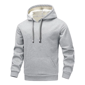 Men's casual grey hoodie with warm white fleece lining and front kangaroo pocket