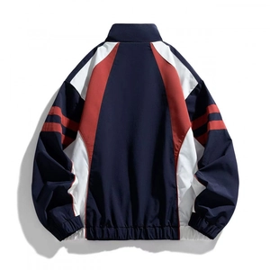 Navy blue color-block windbreaker jacket with red and white sleeves in loose fit