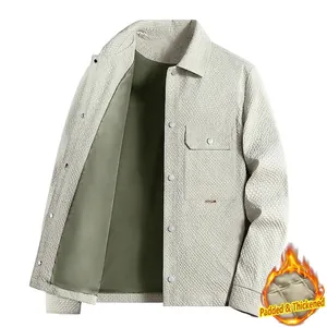 Men's lapel casual jacket in light beige with padded thickened quilted olive lining