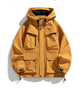 Detail of yellow waterproof utility jacket with multiple large functional pockets