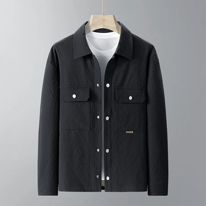 Classic black men's lapel shirt jacket with waffle texture and symmetrical chest pockets