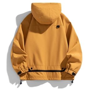 Detail of hooded utility jacket back featuring D-ring hook and mustard yellow fabric
