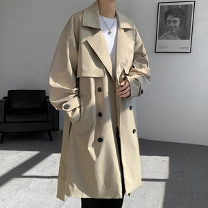 Men's Double Breasted Trench Coat Mid Long Windbreaker Jacket With Belt British Style Overcoat For Spring Autumn Casual Outwear