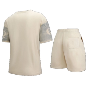 Two-piece beige summer sportswear set with tie-dye sleeves and elastic waist shorts