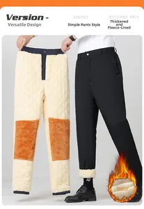 Detailed view of men's winter pants with thick fleece lining and warm knee pads