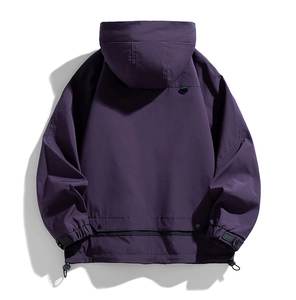 Detail view of water-resistant deep purple hooded jacket back with adjustable hem and D-ring
