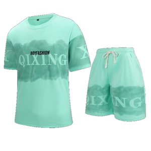 Breathable mint green sport set with mesh t-shirt and shorts for men summer athletic wear
