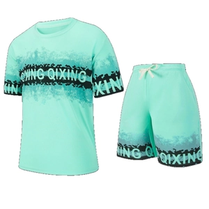 Mint green casual men's sportswear set with T-shirt and drawstring shorts with tie-dye stripes
