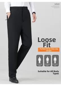 Detailed view of men's black loose casual pants with elastic waist and side zip pocket