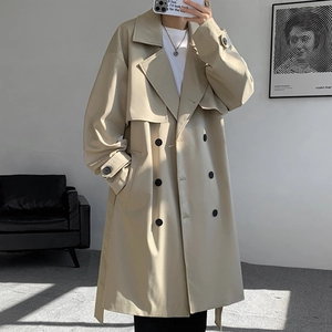 Men's khaki double-breasted trench coat in long-length loose fit with wide lapels