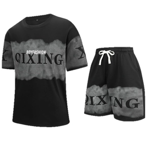 Men's black sporty two-piece set with grey smoke pattern print and drawstring shorts