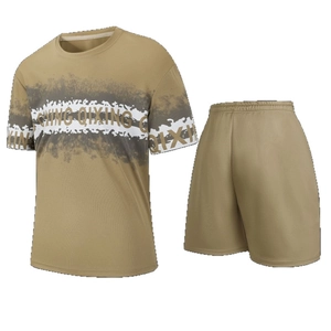 Men's casual sports set with color-block t-shirt and matching shorts in khaki