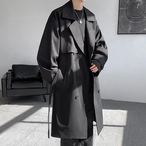 Men's mid-length black trench coat with double-breasted design and waist belt