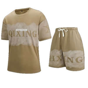 Men's khaki two-piece sports set with breathable mesh fabric and letter prints