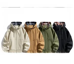 Detail of hooded jackets showing the plaid lining and premium washed cat-eye fabric