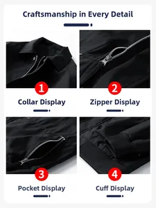 Detailed views of black jacket collar, smooth metal zipper, pockets, and ribbed cuffs