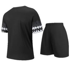Men's black two-piece sports set with short sleeves, boxing print, and camo details