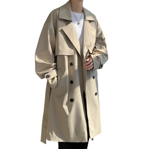 Classic khaki double-breasted trench coat for men with stylish lapels and waist belt