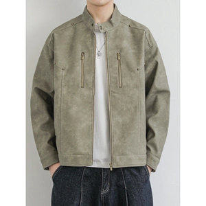 Giacca da Moto in Pelle PU Retro da Uomo Colletto alla Coreana Tasca con Cerniera Casual Streetwear Cappotto alla Moda