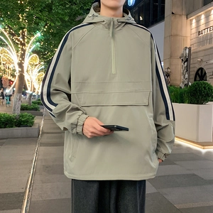 Men's loose hooded olive windbreaker jacket with blue stripes and front kangaroo pocket