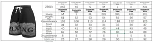 Detailed size chart for men's shorts showing EU and CN measurements for length and waist