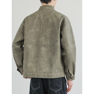 Giacca da uomo in finta pelle verde salvia, stile vintage americano con vestibilità ampia